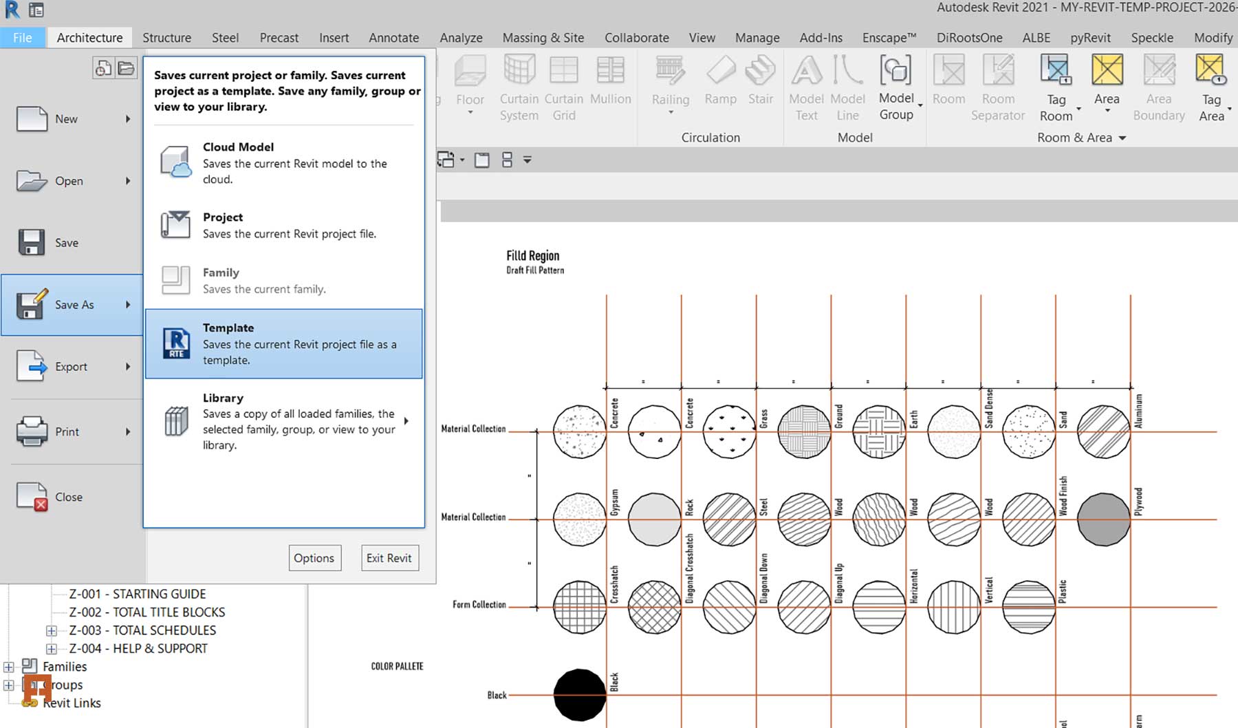 Saving a Revit Template file .rte from the File menu in Autodesk Revit software